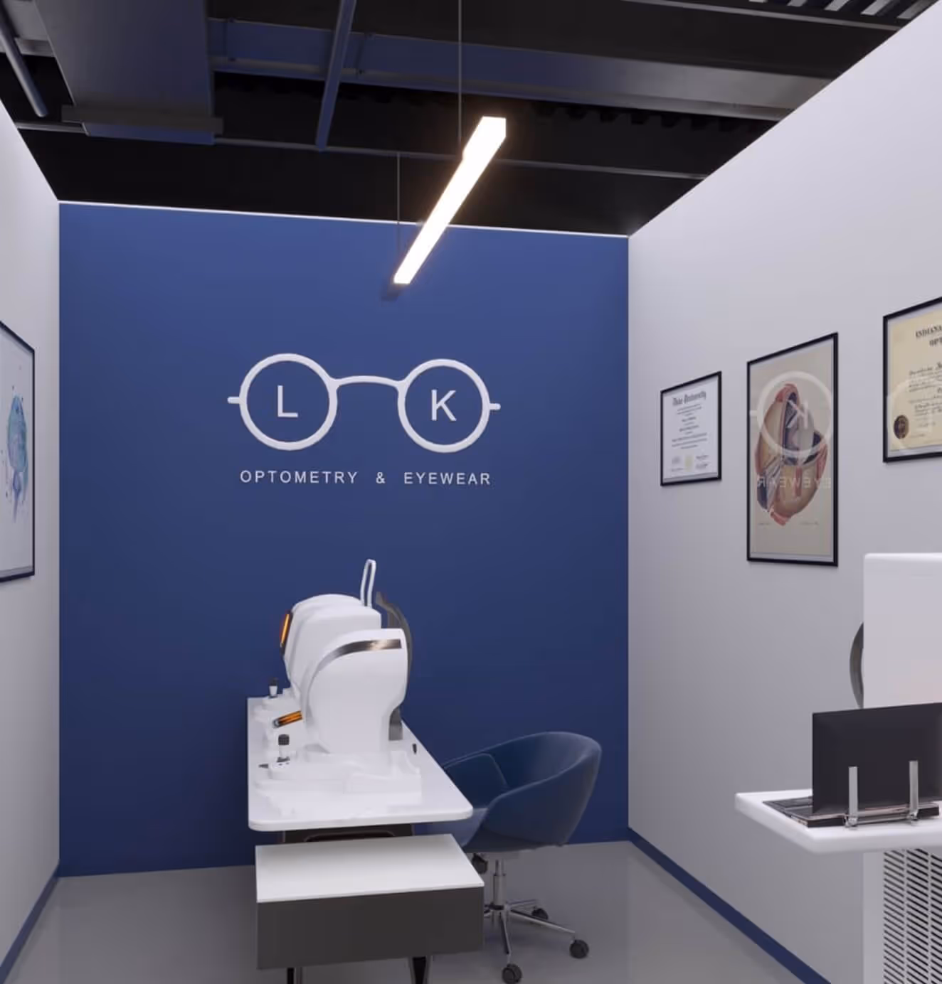 Look Optometry exam room interior with branded wall graphics, modern equipment, framed diplomas, and navy accent wall.