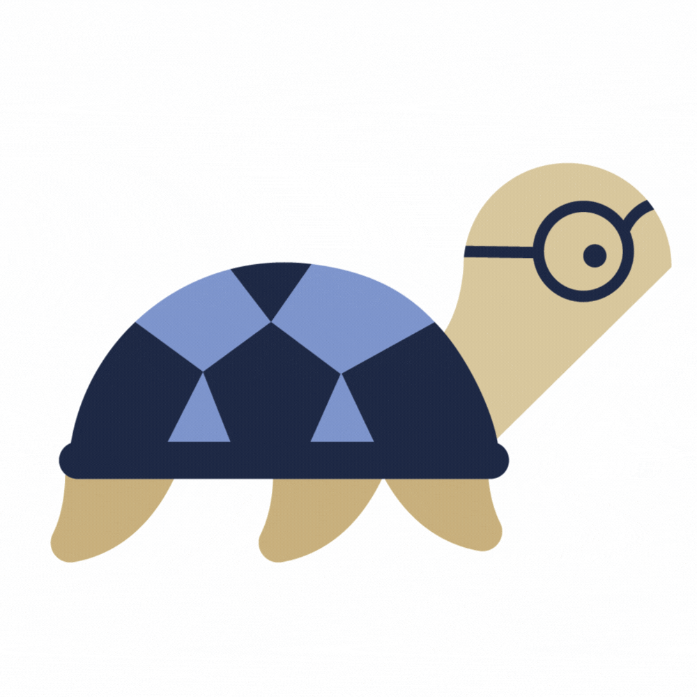 nimated illustration of a turtle wearing round glasses, with its shell in navy and light blue geometric patterns, walking in a loop.