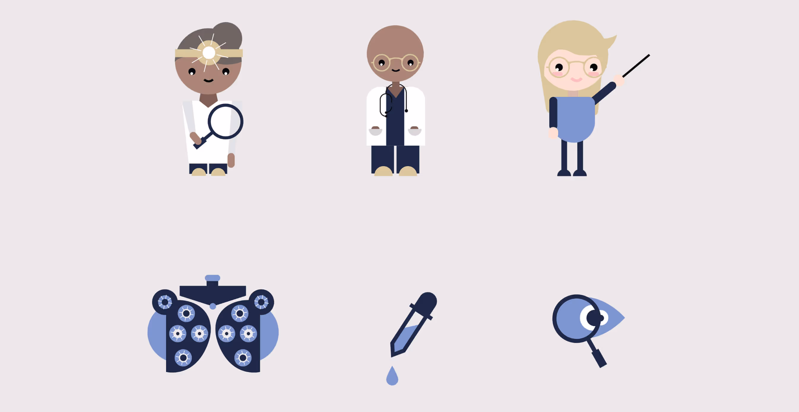 Playful illustrated characters of optometrists and patients, along with icons of optometry tools, in navy and pastel blue tones.