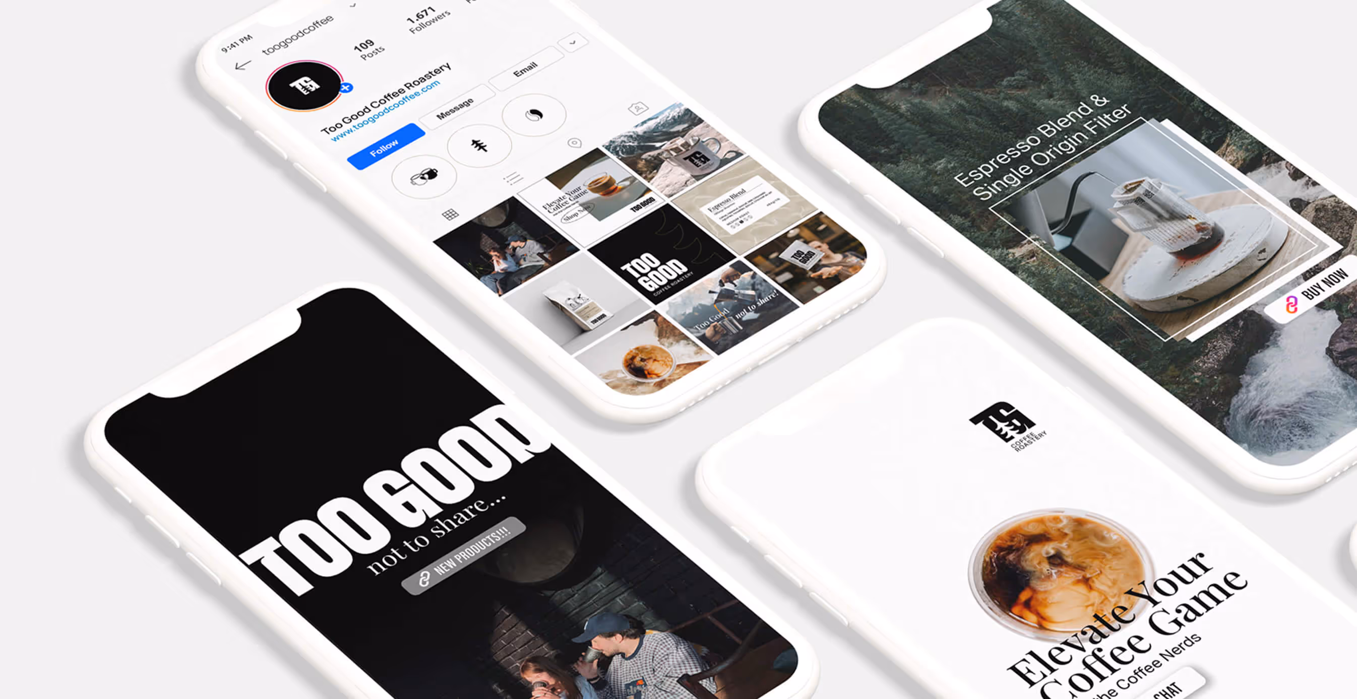 Multiple white smartphones displaying Too Good Coffee Roastery Instagram feed and stories, showcasing coffee products, branding, and lifestyle imagery.