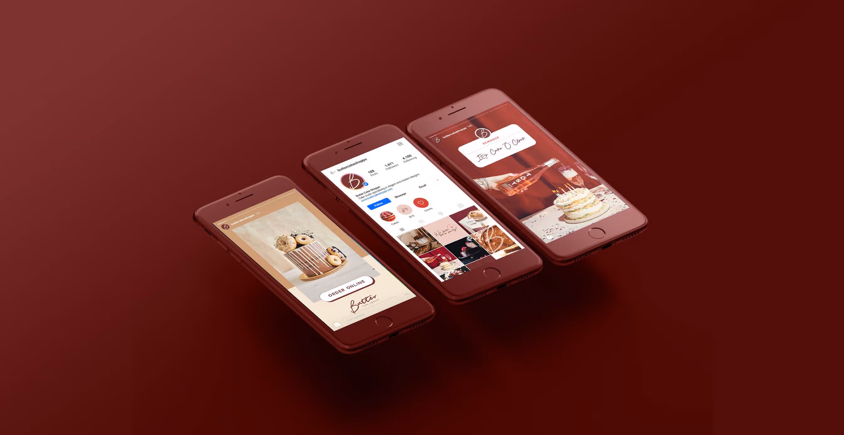 Three smartphones display Butter Cake Shoppe’s Instagram feed and posts featuring cakes, cookies, and branding visuals.