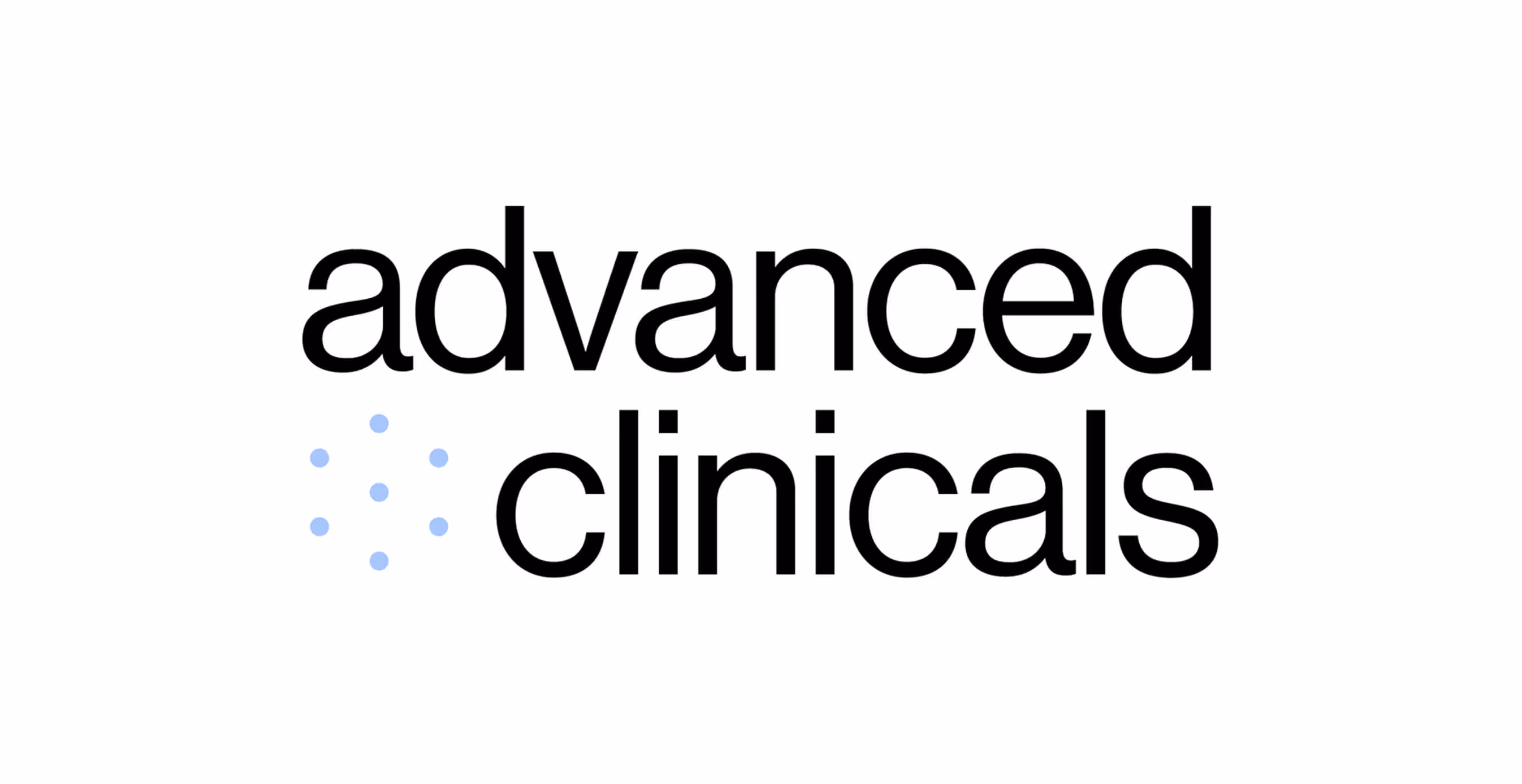 The Advanced Clinicals logo in bold black lowercase typography, with soft blue dots forming a minimalist icon.