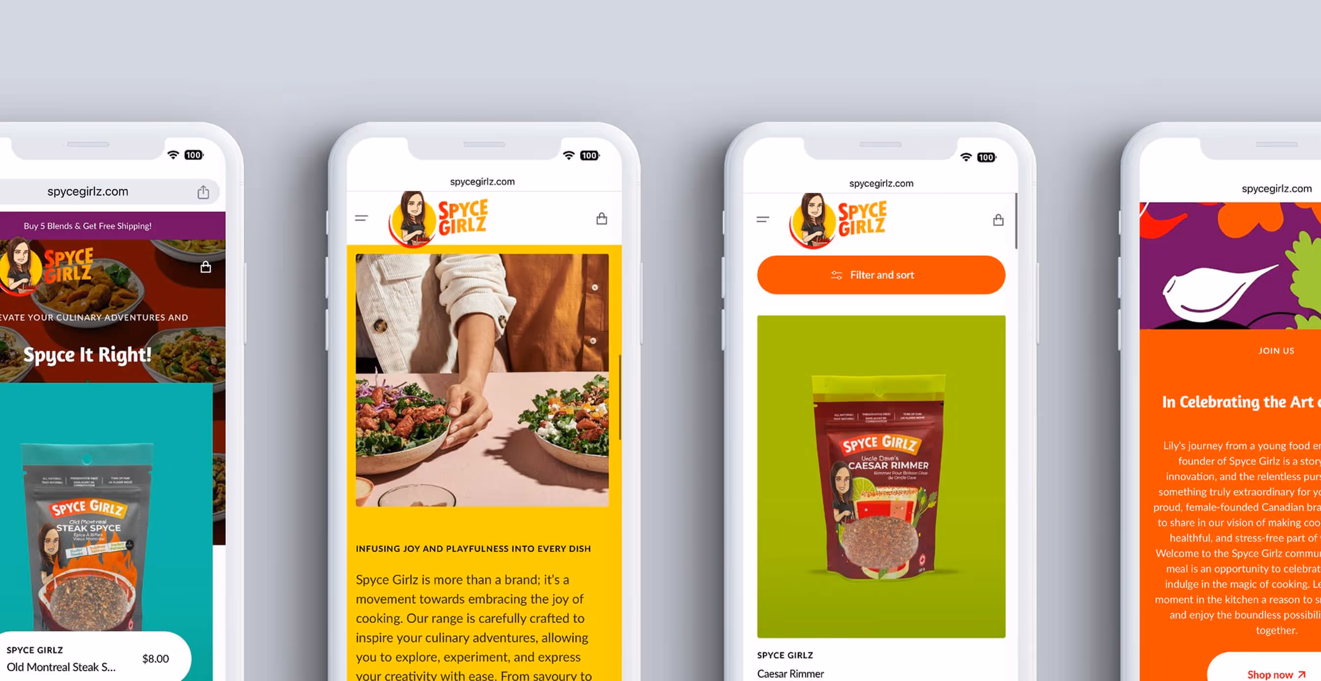 Four smartphone screens displaying Spyce Girlz’s mobile website with product images, recipes, brand storytelling, and colorful layouts in yellow, orange, and green.