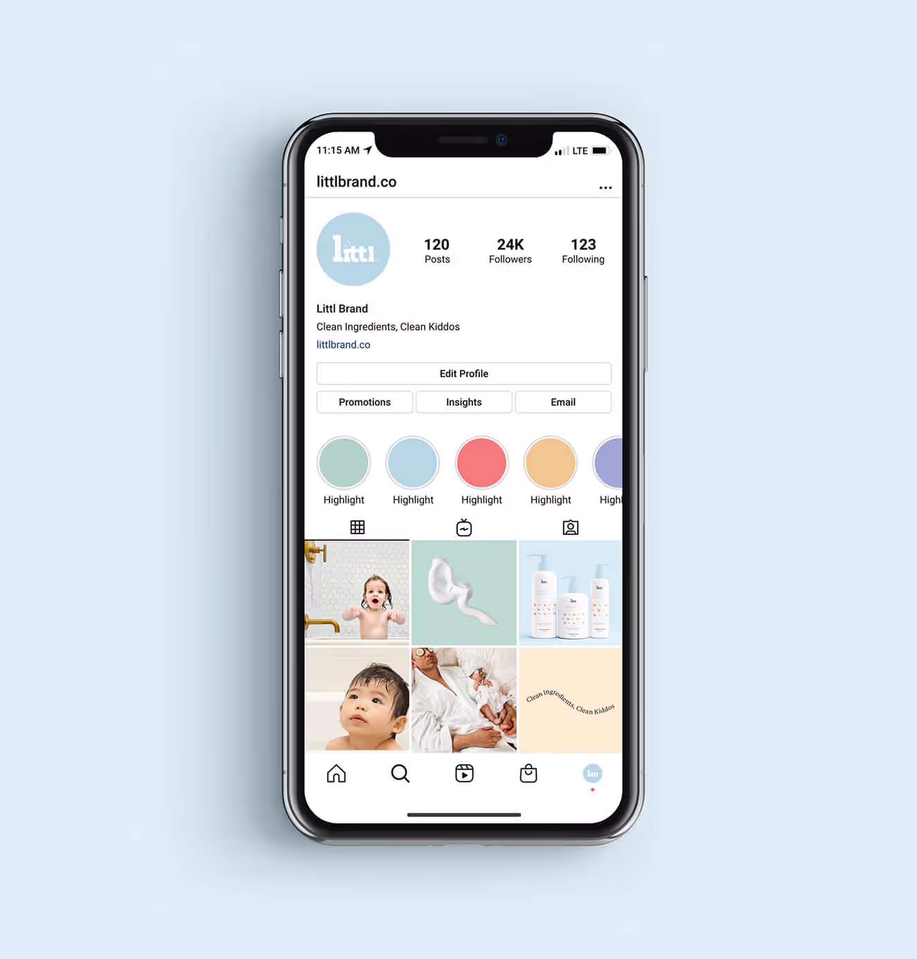 Instagram profile mockup of children’s personal care brand Littl, highlighting clean aesthetic, playful colors, and premium product photography.