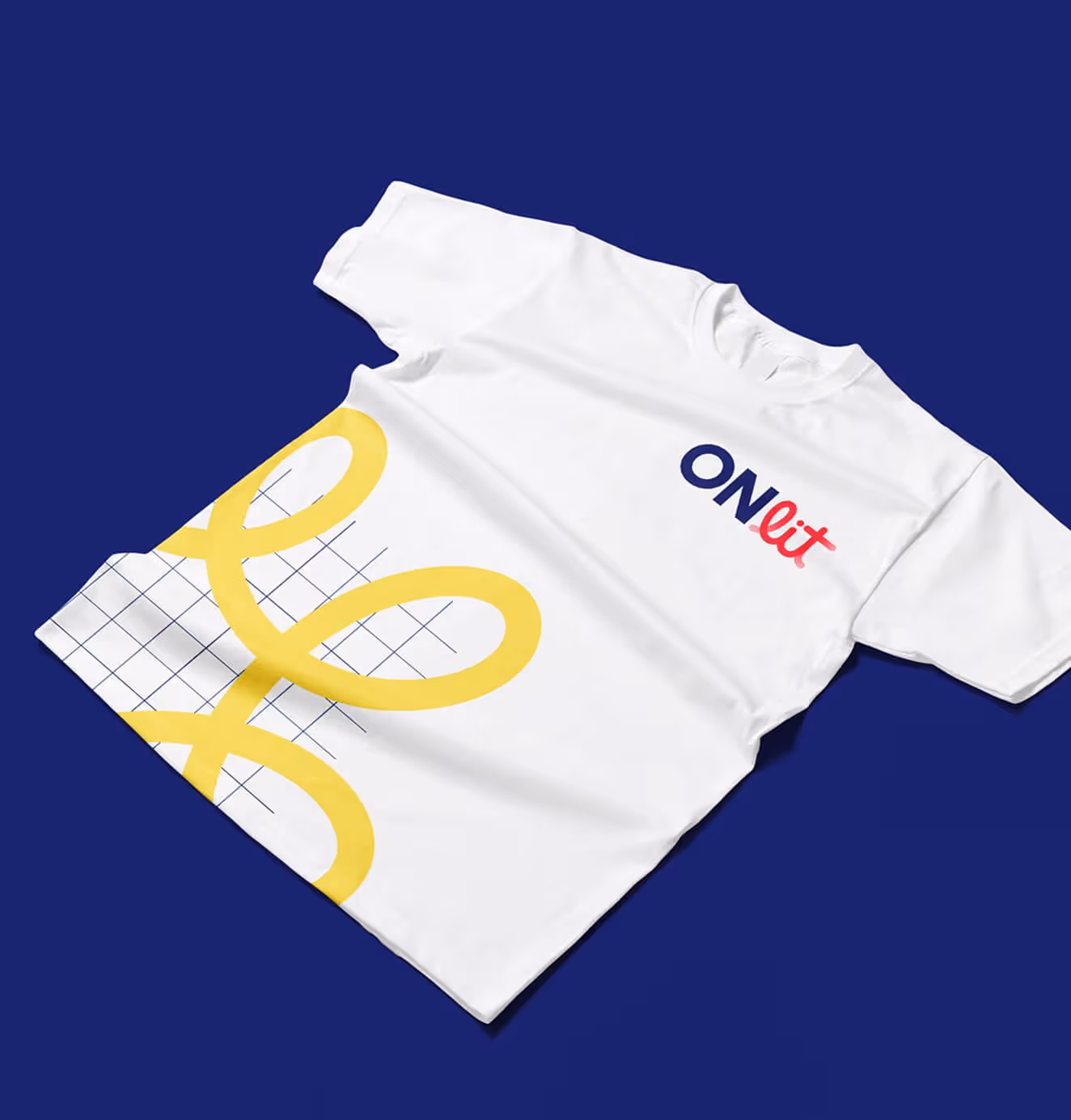 White T-shirt with ONlit logo in navy and red on the chest, featuring a large yellow looping design and grid pattern on the lower half, set against a deep blue background.
