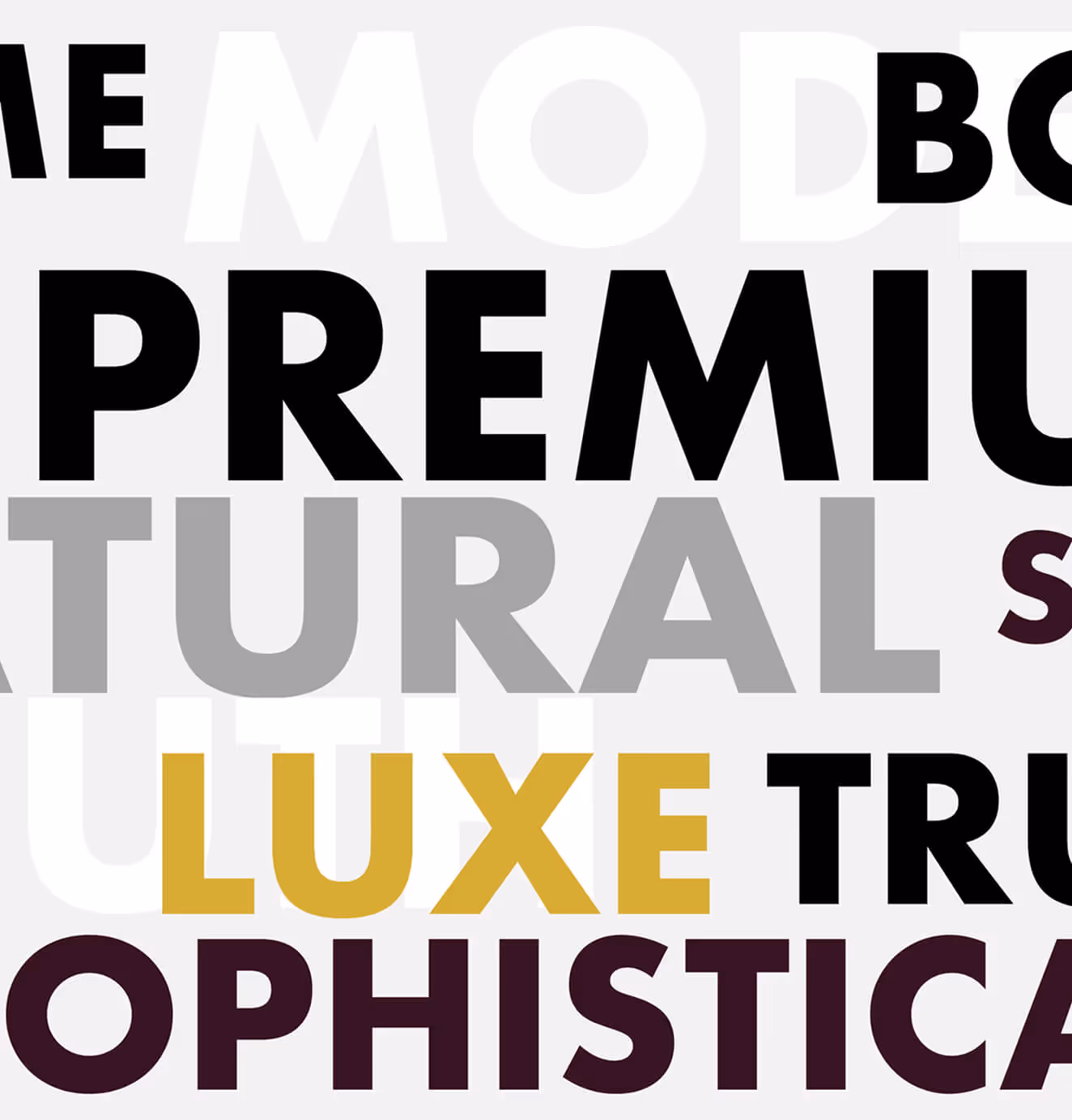 A typography collage featuring bold keywords like "PREMIUM," "LUXE," "NATURAL," and "SOPHISTICATED," representing Saint Perry’s brand identity.