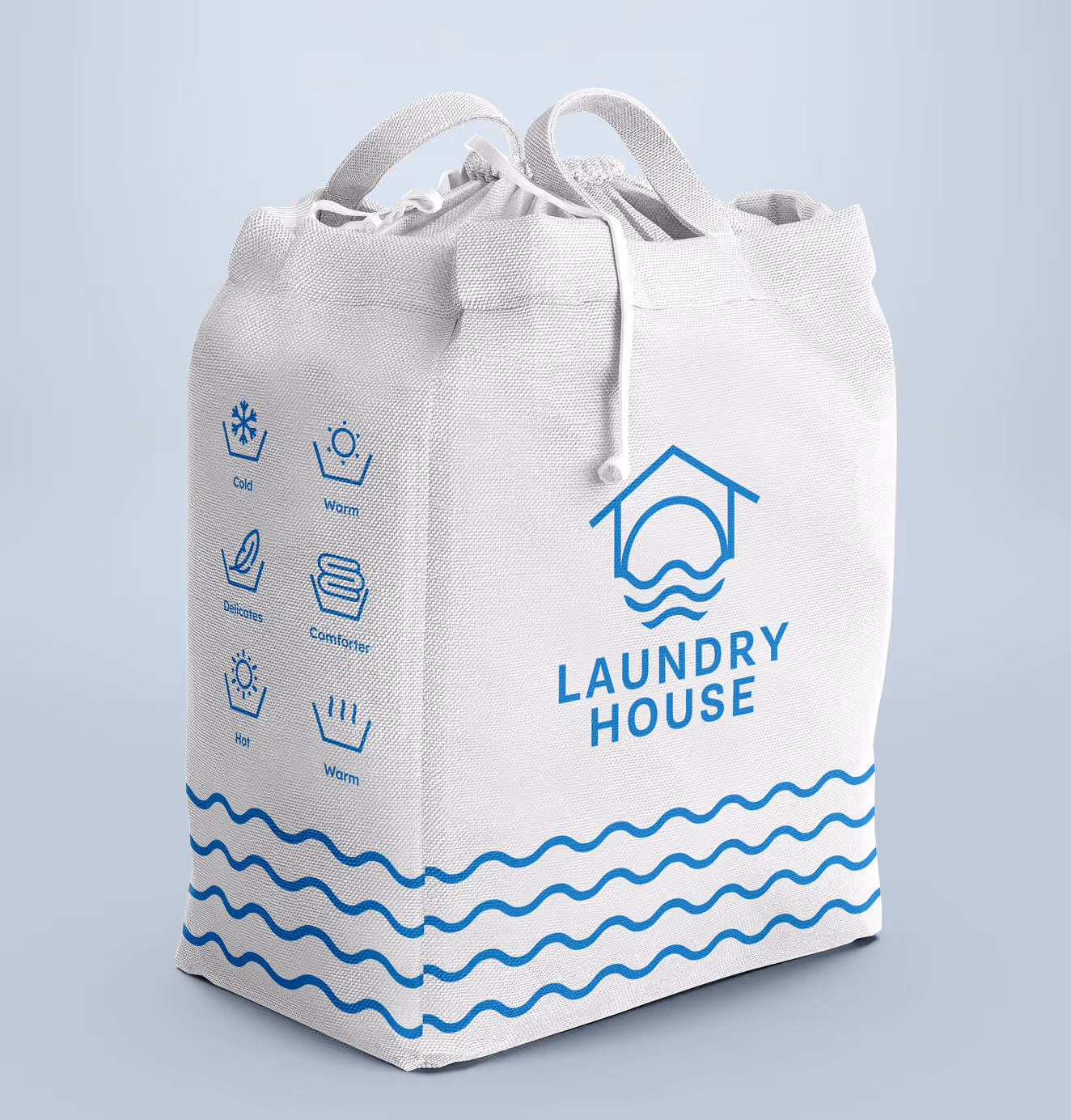 Laundry House branded laundry bag in white with blue wave graphics, care symbols, and company logo for stylish and functional packaging.