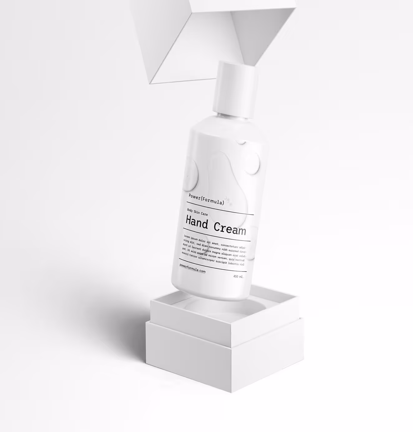 Power (Formula) brand guidelines binder open to the color palette page, showing neutral tones and clean design standards for skincare branding consistency.White bottle of Power (Formula) Hand Cream presented in minimalist packaging with embossed droplet de