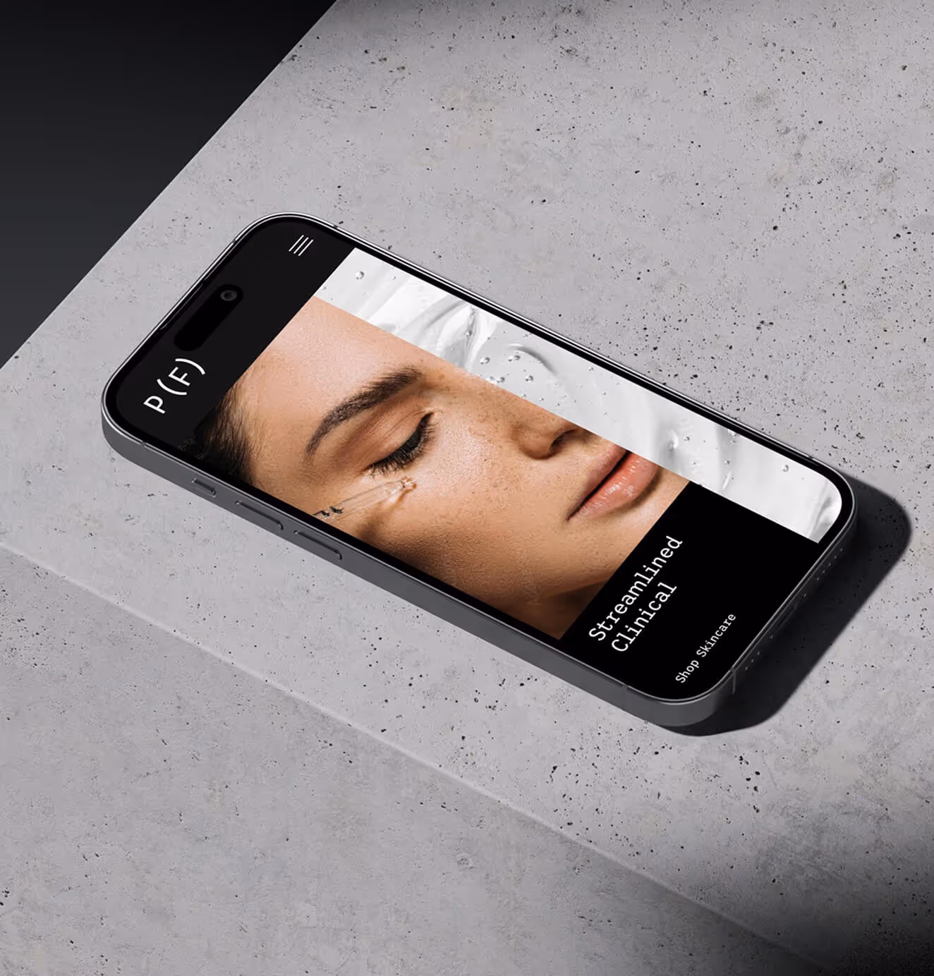 Smartphone screen showcasing Power (Formula)’s sleek website with a close-up image of a model’s face, emphasizing clean, clinical skincare branding.