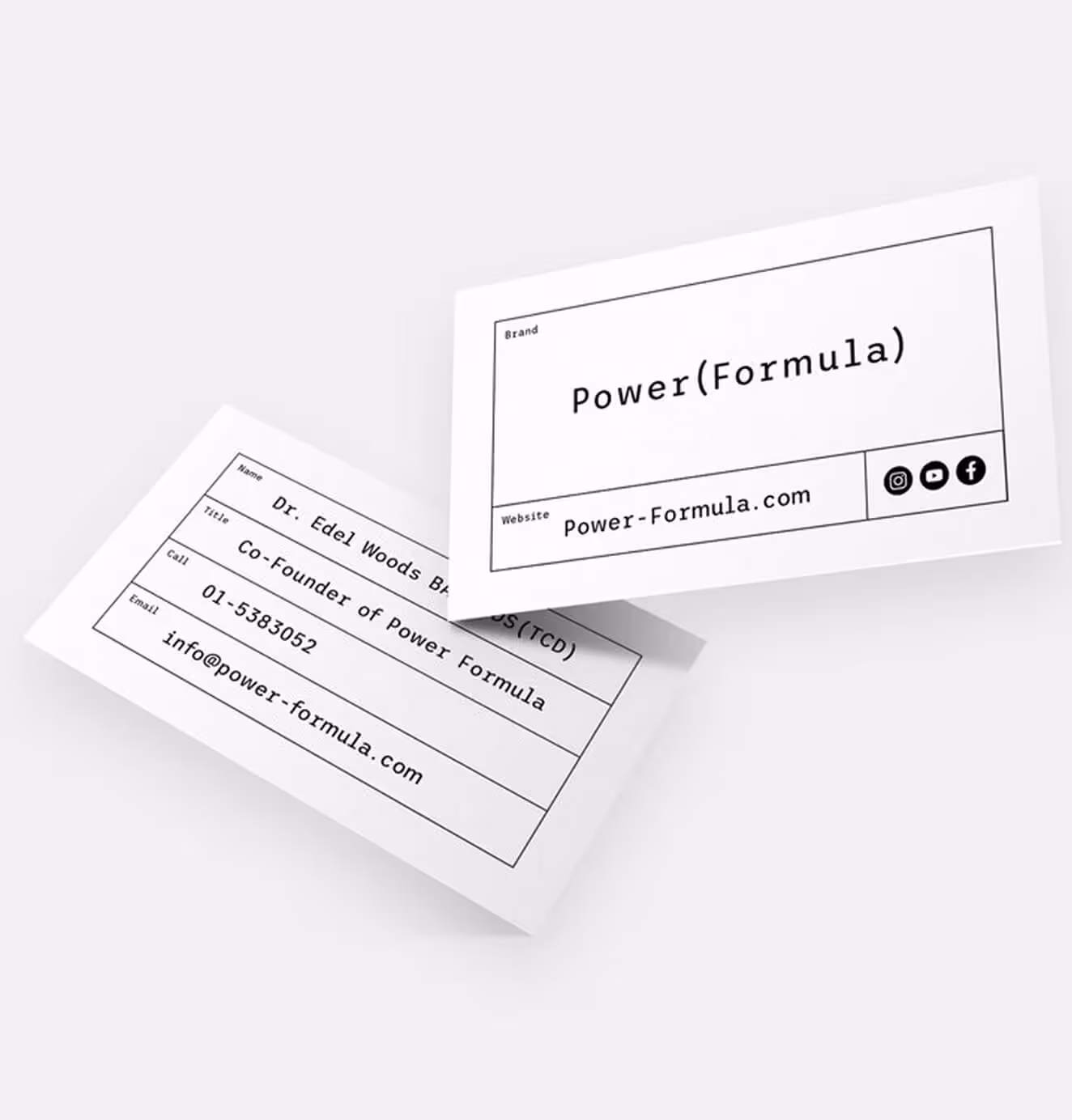Minimalist black-and-white Power (Formula) business cards, highlighting brand identity with a clean layout, founder details, and social media icons.