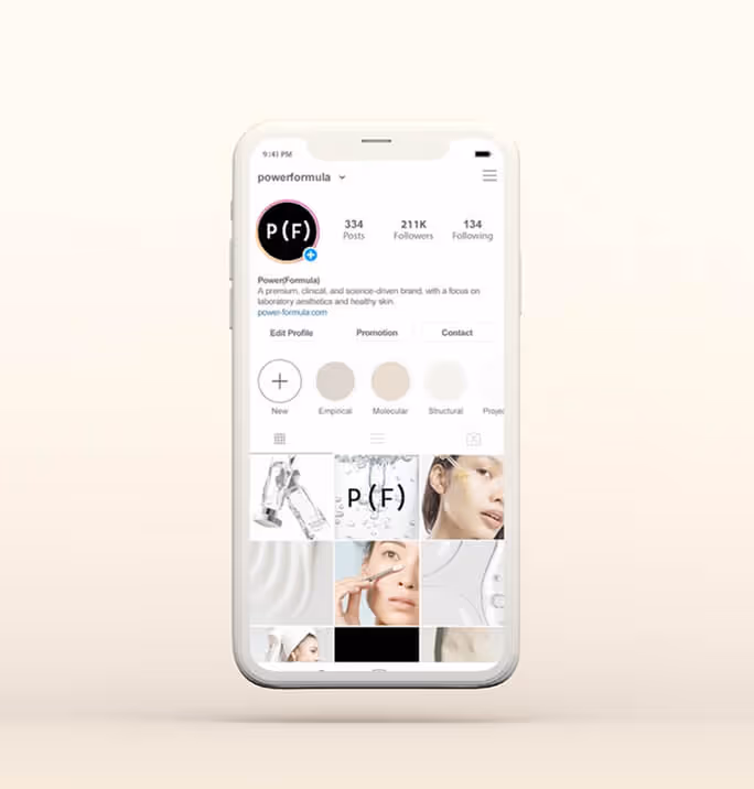 Power (Formula) Instagram profile shown on a smartphone, featuring a clean, science-inspired feed with neutral tones and skincare product visuals.