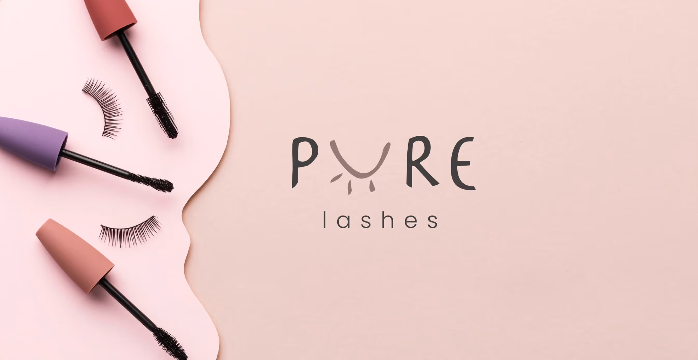 Flat lay of mascara wands and false lashes on a soft pink background with the Pure Lashes logo centered.