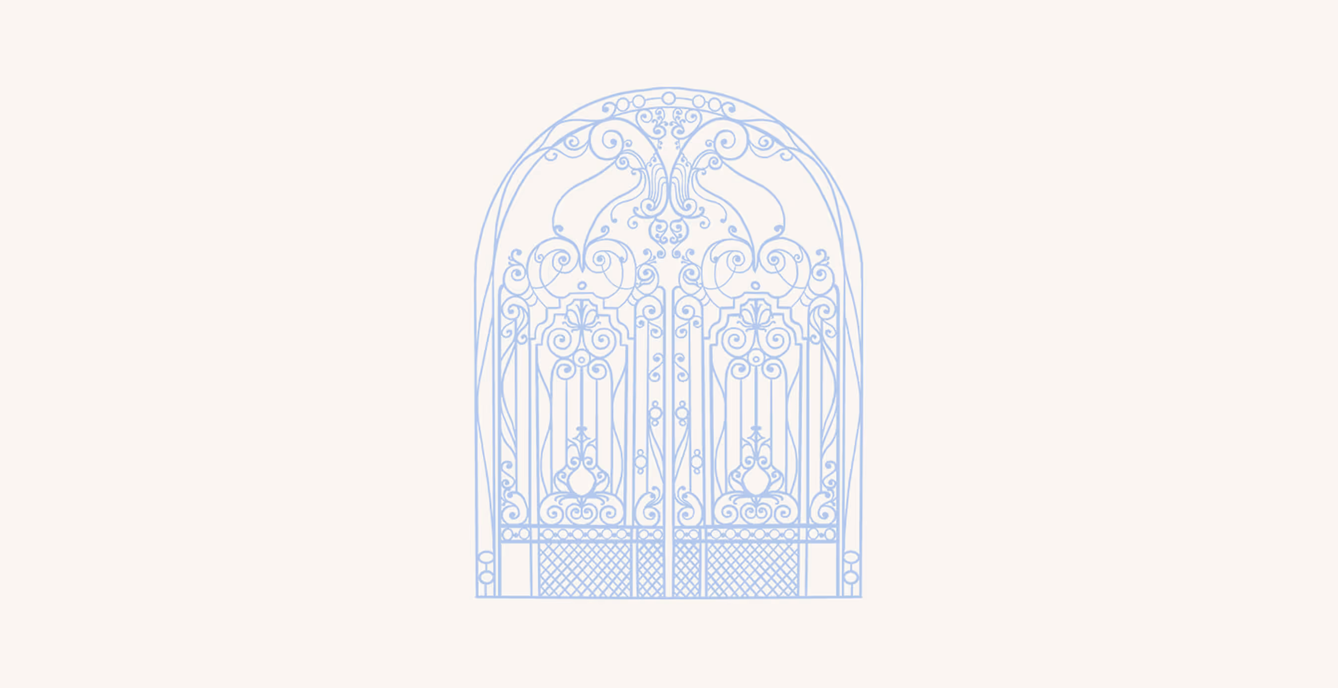Line art illustration of a detailed, decorative wrought-iron gate in soft blue on a cream background, symbolizing heritage and timeless style.