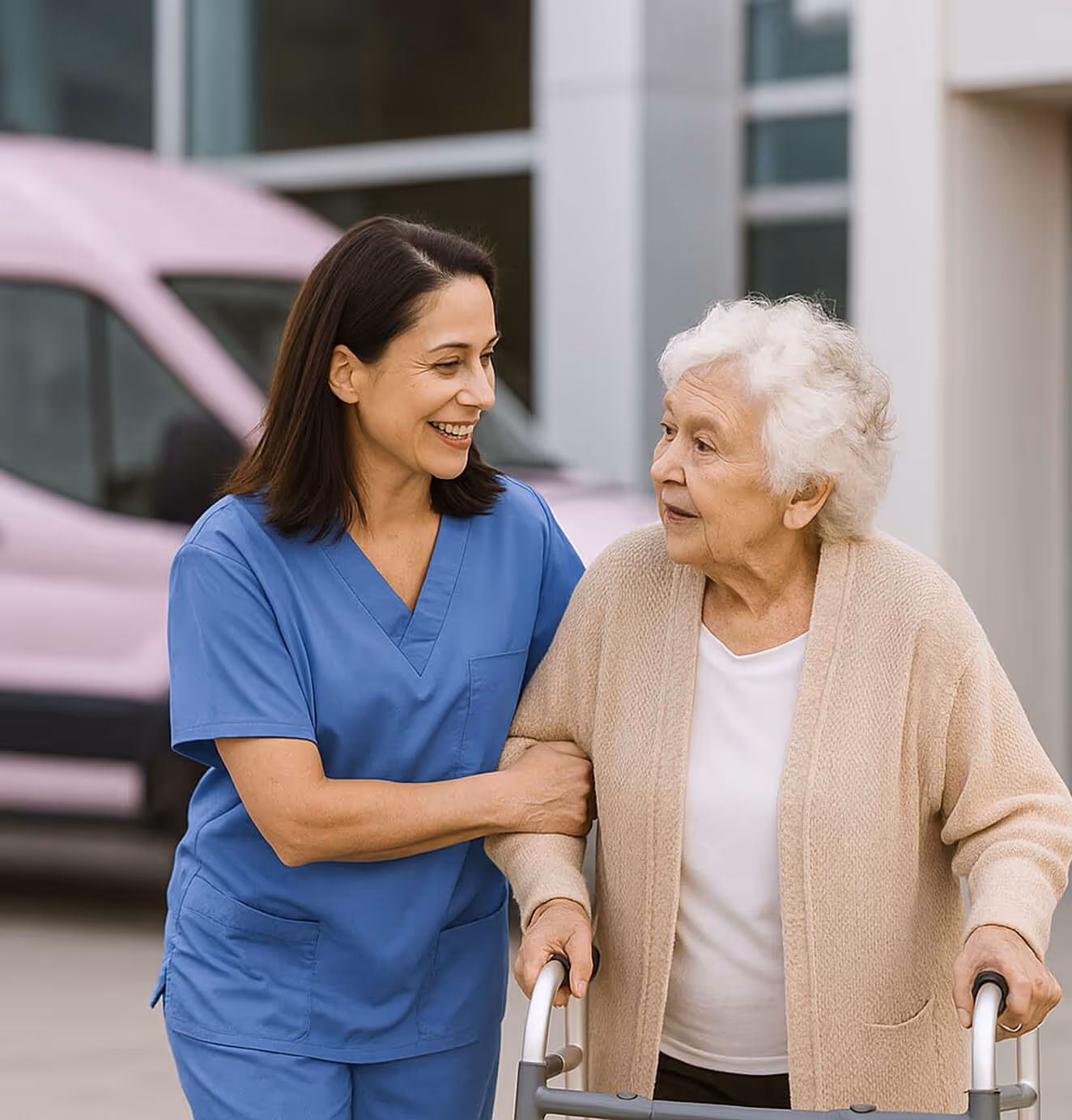 Smiling caregiver in blue scrubs walking arm-in-arm with an elderly woman using a walker, with a pink Unified van in the background.