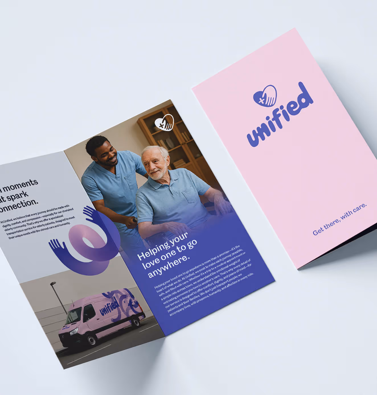 An open Unified brochure showing a caregiver assisting an elderly man, with brand messaging and a pink cover featuring the Unified logo.