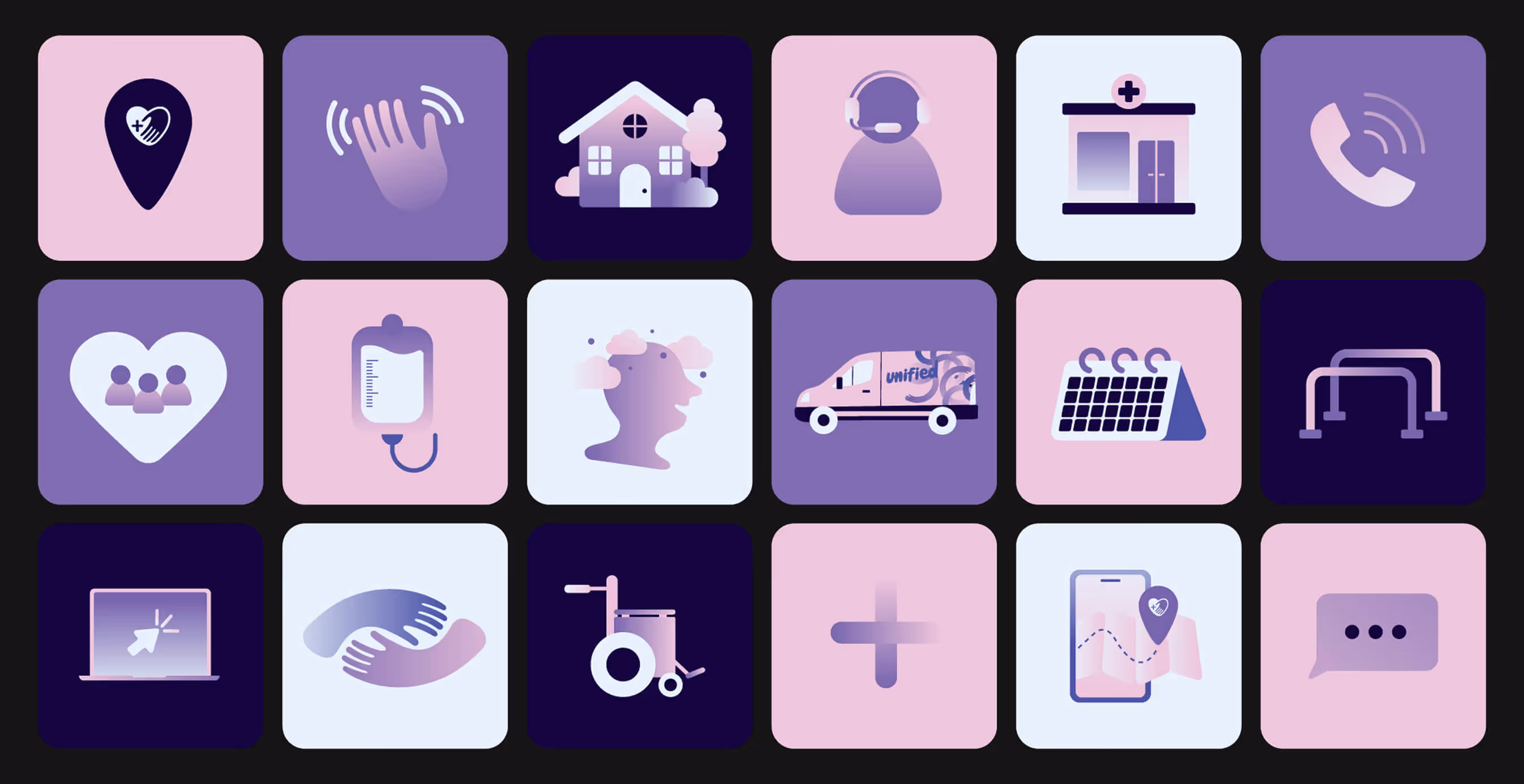 Set of 16 rounded square icons in purple and pink tones, illustrating healthcare and transport themes such as a heart, van, calendar, headset, and wheelchair.