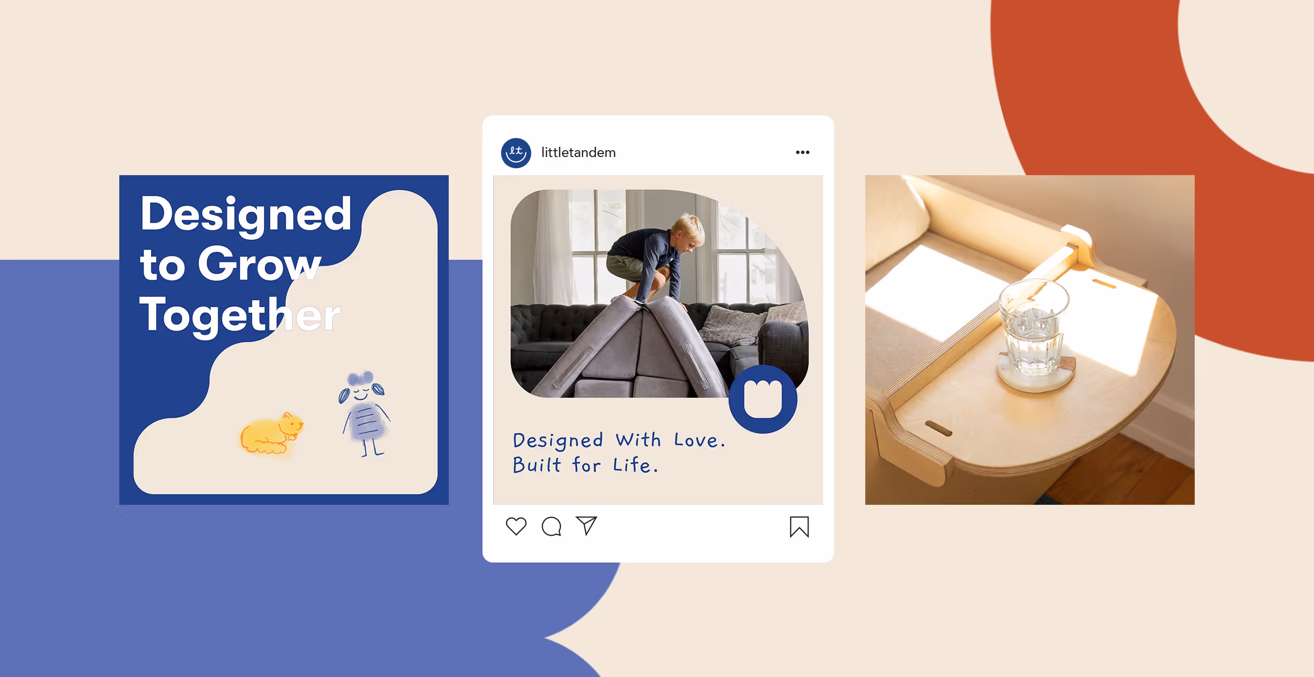 A collage of Little Tandem brand visuals showing playful furniture designs, Instagram-style content, and product details with bold colors.