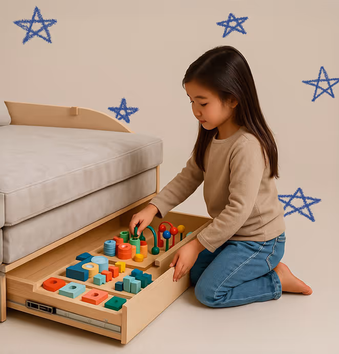 A young girl kneels by a modular sofa, playing with colorful wooden toys neatly stored in a pull-out drawer beneath the seat.