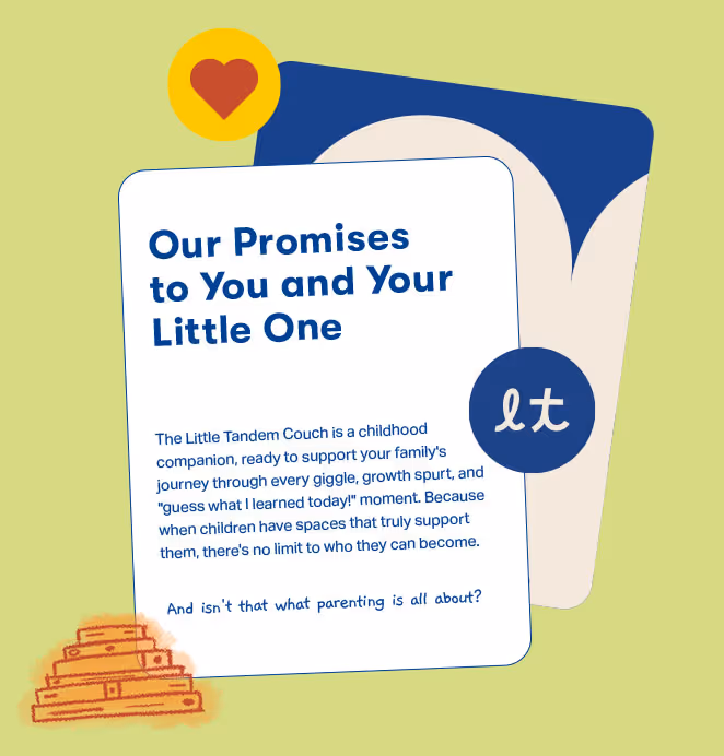 A colorful brand card titled “Our Promises to You and Your Little One” highlights Little Tandem’s mission to support children’s growth and imagination.
