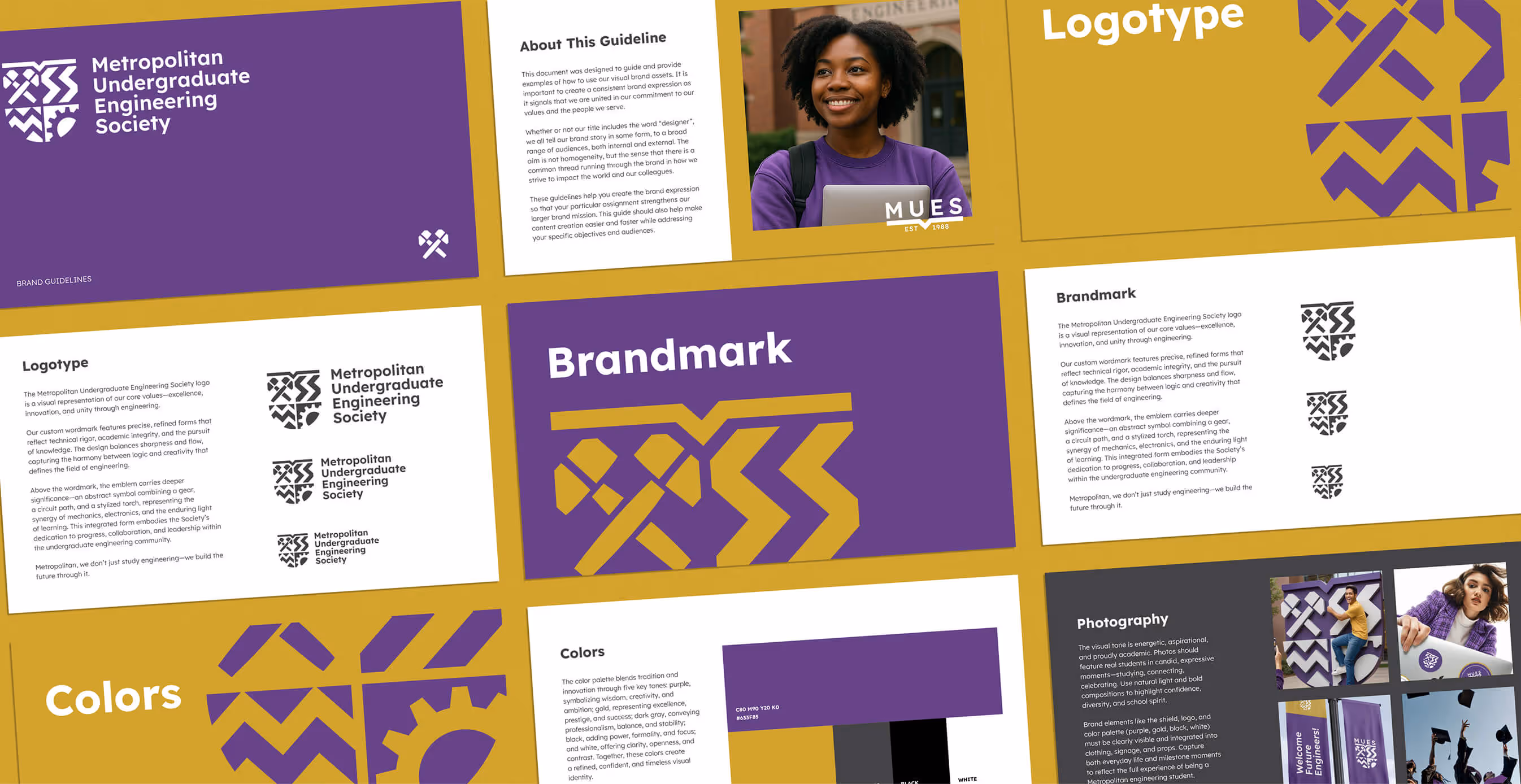 A flat lay of MUES brand guidelines featuring sections on logotype, brandmark, colors, and photography, with bold purple and gold accents throughout the pages.