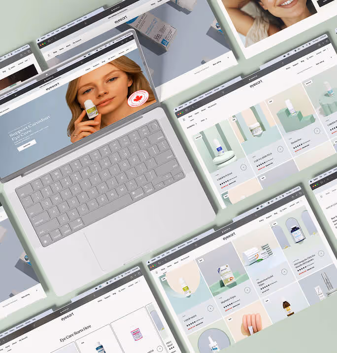 Multiple laptop screens showcase Eyecart’s e-commerce website displaying eye care products, with one laptop centered among overlapping screen views.