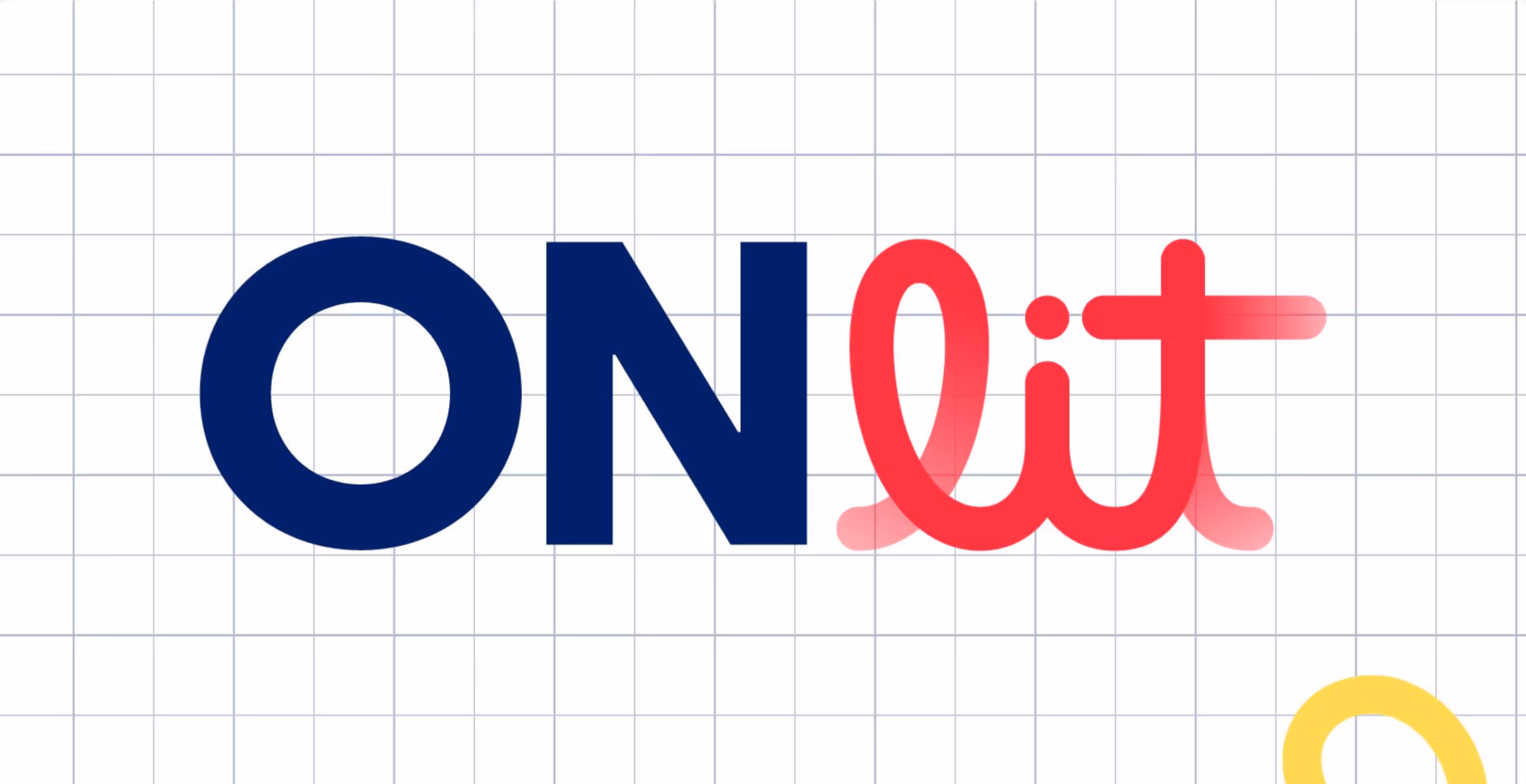 ONlit logo in navy and red over a white grid background with yellow loops, emphasizing its structured yet playful brand identity.