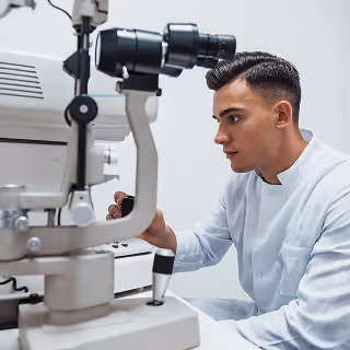 Male optometrist examining a patient’s eyes using a slit lamp biomicroscope in a modern clinic.
