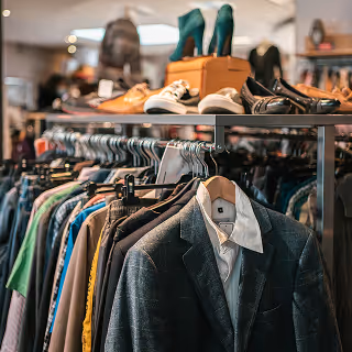 Racks of second-hand clothing in a thrift store, showcasing suits, shirts, shoes, and accessories as part of a sustainable fashion business.