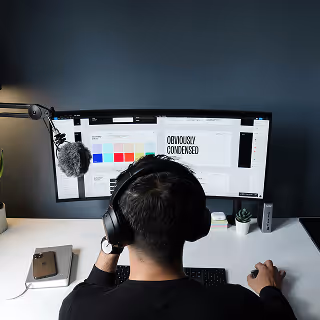 Rear view of a man with headphones at a workstation, editing a design project on ultra-wide monitors with a microphone and tech gear around.