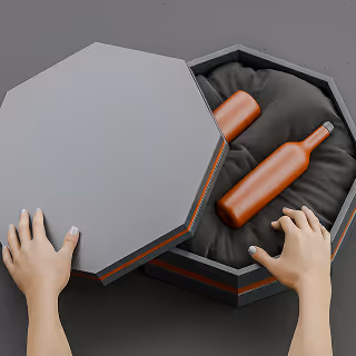 A person opening a luxurious octagonal gift box containing two matte bottles, showcasing elegant and premium brand packaging.