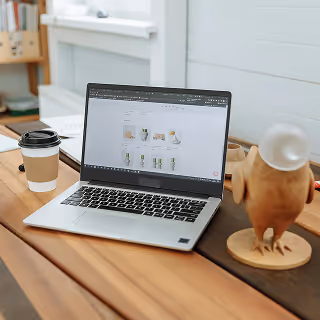 An open laptop displaying product images sits on a wooden desk with a takeaway coffee cup and a decorative wooden owl lamp.