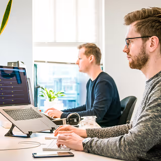Two men focused on computer screens at a modern, naturally lit office space with indoor plants and organized workstations.