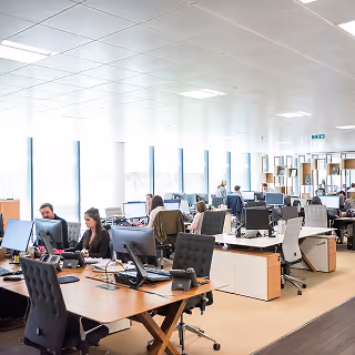 Bright, open-plan office with employees working at desks with computers, showcasing a modern and collaborative work environment.