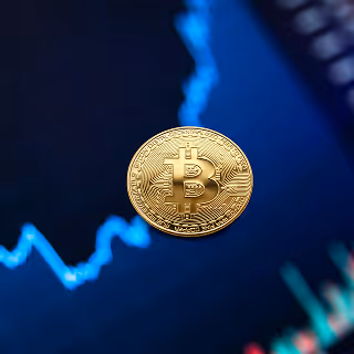 Close-up of a physical gold Bitcoin coin in front of a fluctuating stock chart on a digital screen, representing cryptocurrency and digital financial markets.