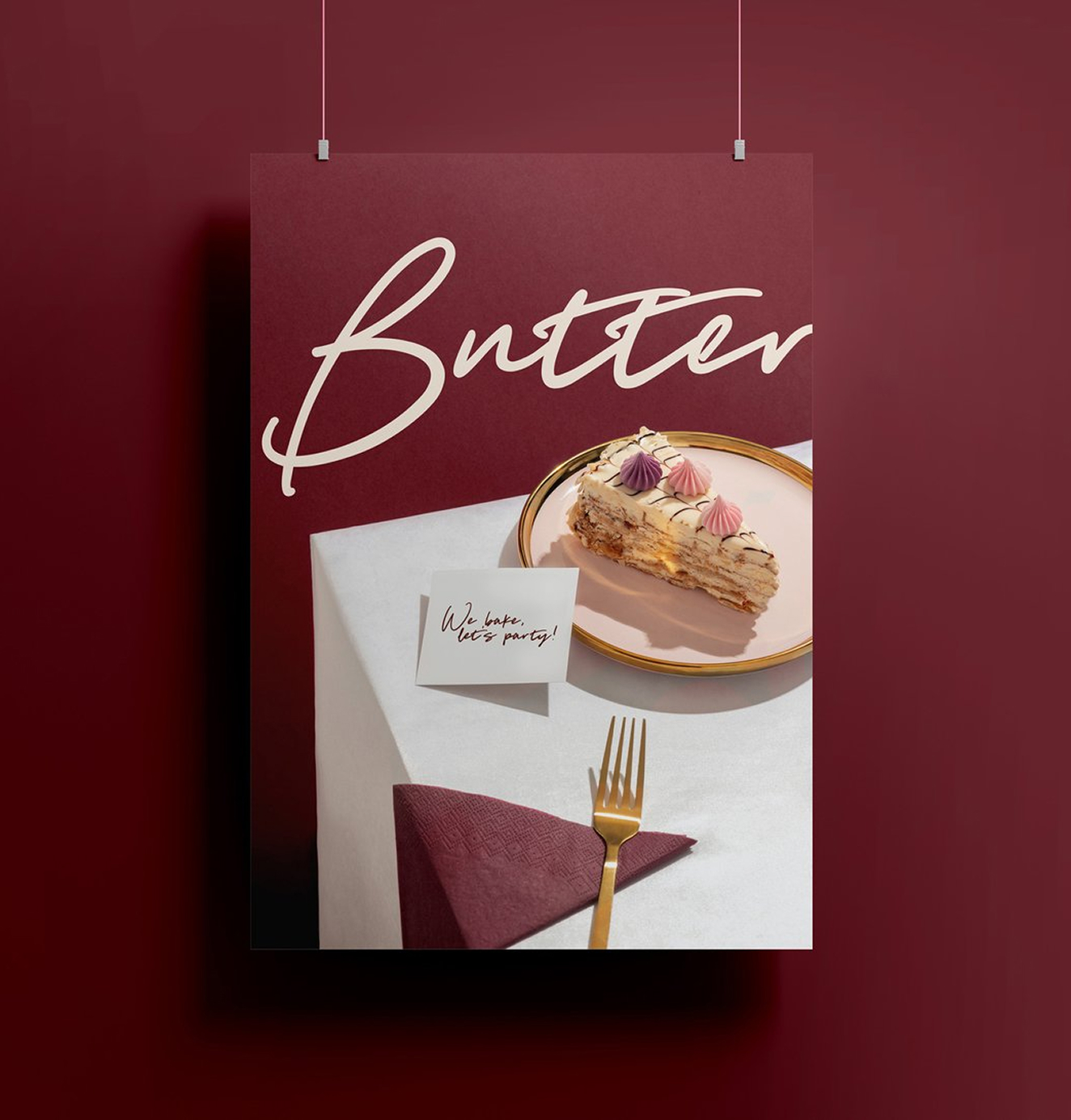 Poster design featuring “Butter” branding in script font with a plate of cake slice, gold fork, and card that reads “We bake, let’s party!”