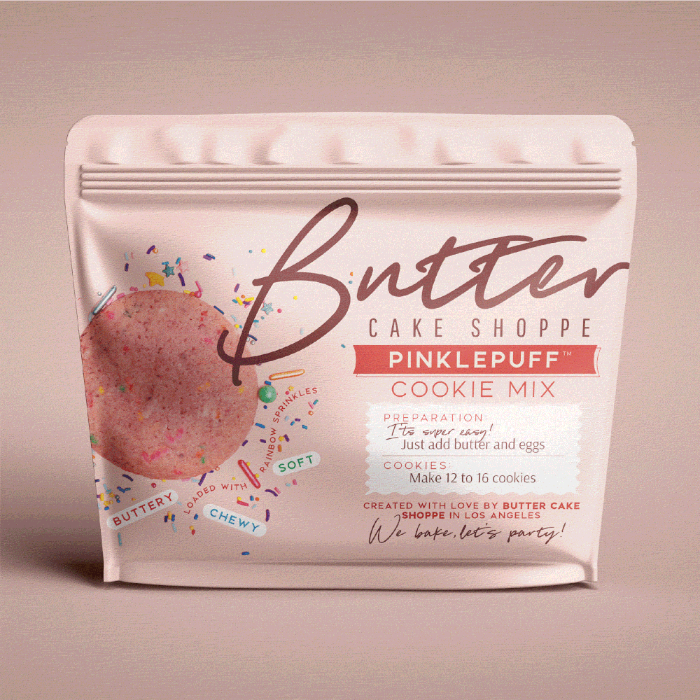 Animated product packaging of Butter Cake Shoppe’s Pinklepuff Cookie Mix. The pastel pink pouch features playful sprinkles, preparation instructions, and the tagline “We bake, let’s party!”