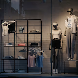 Modern store window with mannequins dressed in casual summer outfits, metal shelving holding folded clothes, hats, and shoes.