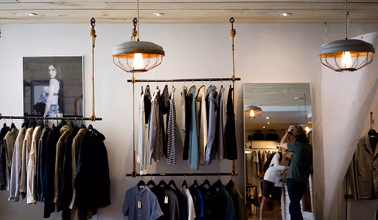 Stylish boutique interior with industrial-style hanging racks, warm lighting, and a variety of casual clothing on display.