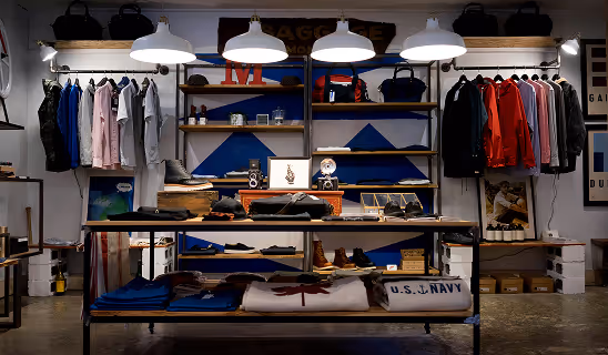 Trendy retail store featuring wooden shelves with neatly folded clothes, shoes, and jackets hanging on racks.