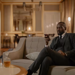Man in a suit sitting in an elegant hotel lounge, checking his phone with a decanter and glass nearby.