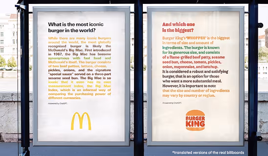 Side-by-side McDonald’s and Burger King billboards comparing the Big Mac and Whopper, focusing on brand rivalry.