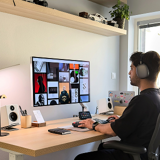 A man wearing headphones sits at a minimalist desk, viewing design projects on a large monitor, with shelves, decor items, and speakers nearby.