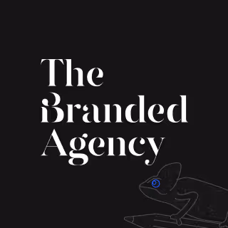 Logo for The Branded Agency in white serif font on a black background with a subtle chameleon graphic.