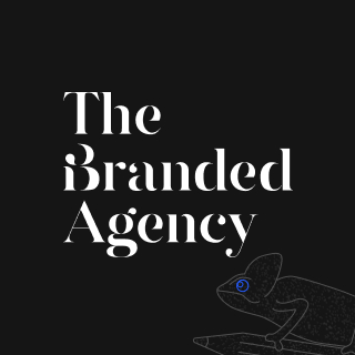 Logo for The Branded Agency in white serif font on a black background with a subtle chameleon graphic.