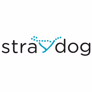 Logo for Straydog featuring black lowercase letters with a turquoise dotted arc over the “y.”
