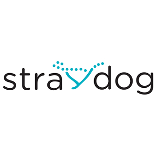 Logo for Straydog featuring black lowercase letters with a turquoise dotted arc over the “y.”