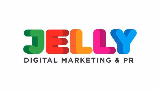 Logo for Jelly Digital Marketing & PR with “Jelly” in colorful block letters and tagline in black.