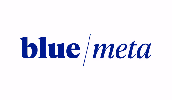 Logo for Blue/Meta in a blue serif font with a forward slash between the two words.