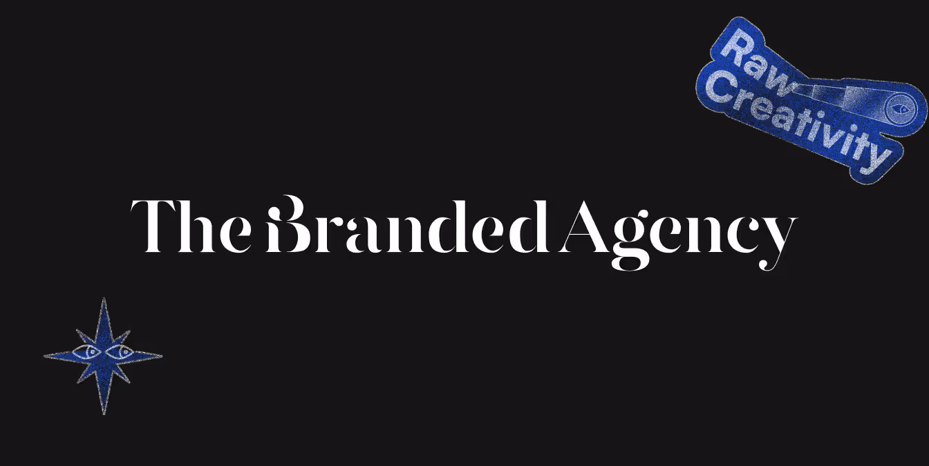 Logo for The Branded Agency in white serif font on a black background with blue “Raw Creativity” and compass star graphics.