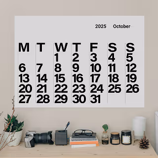 A minimalist black-and-white wall calendar for October 2025 above a desk with cameras, candles, and decor items.